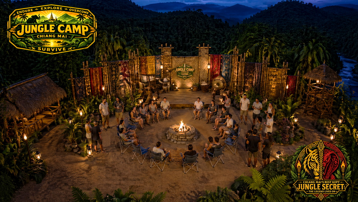 Jungle Adventure Camp Chiang Mai — campfire circle at dusk surrounded by jungle